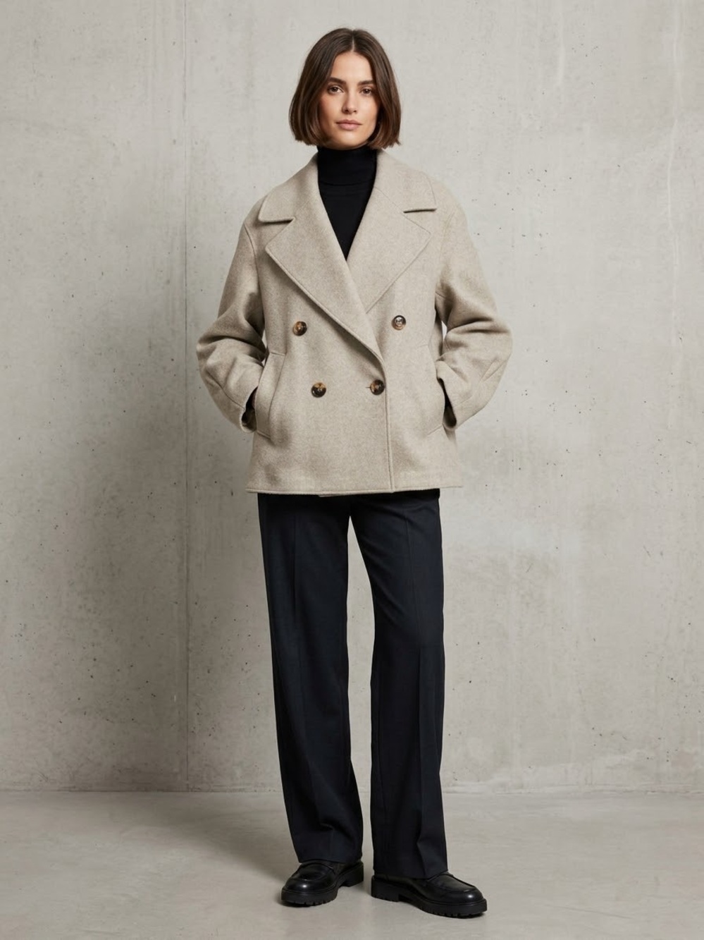 H&M Womens Oversized Double-Breasted Peacoat - Oatmeal Gray Beige
